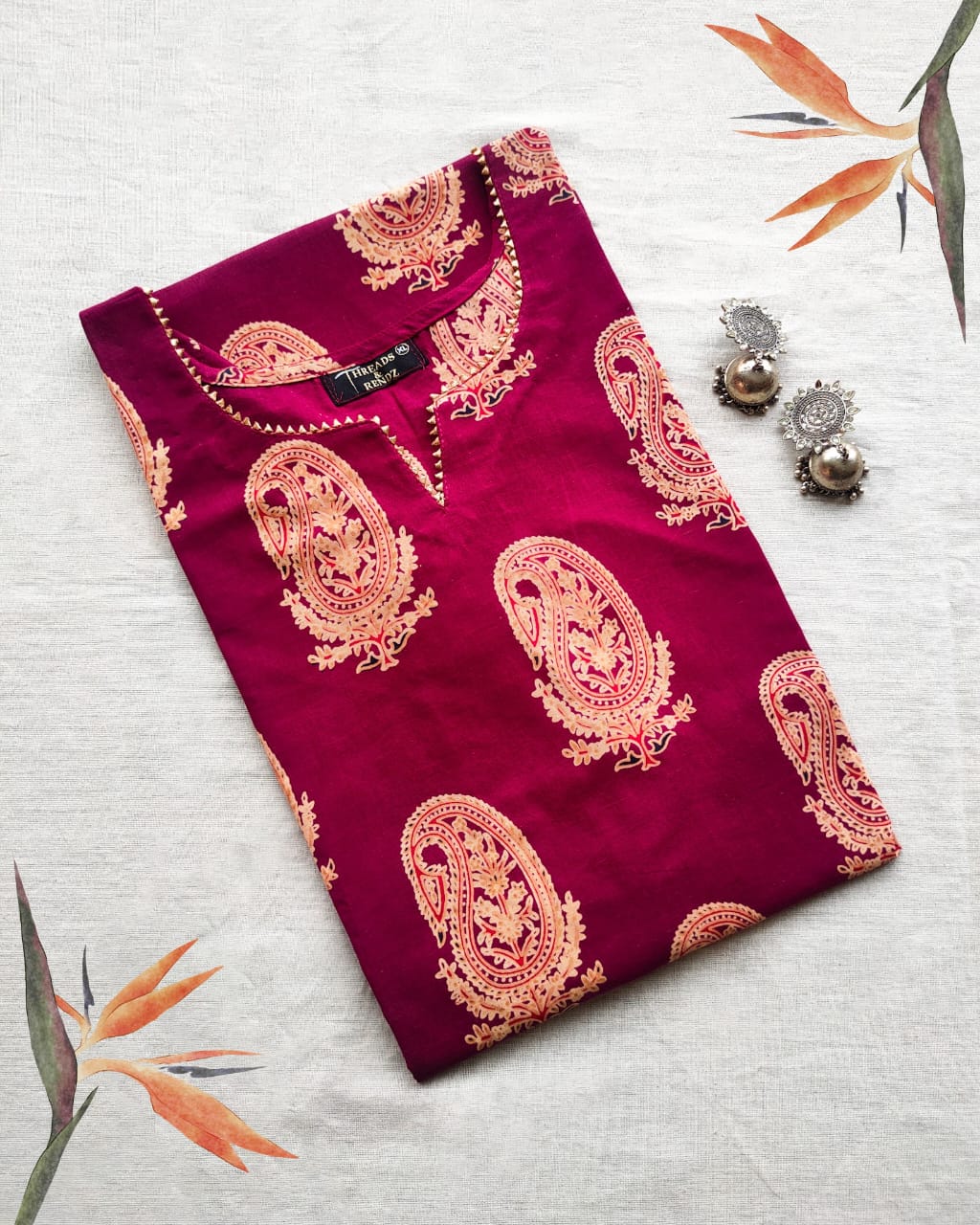 120 Maroon Printed Kurta with Lace