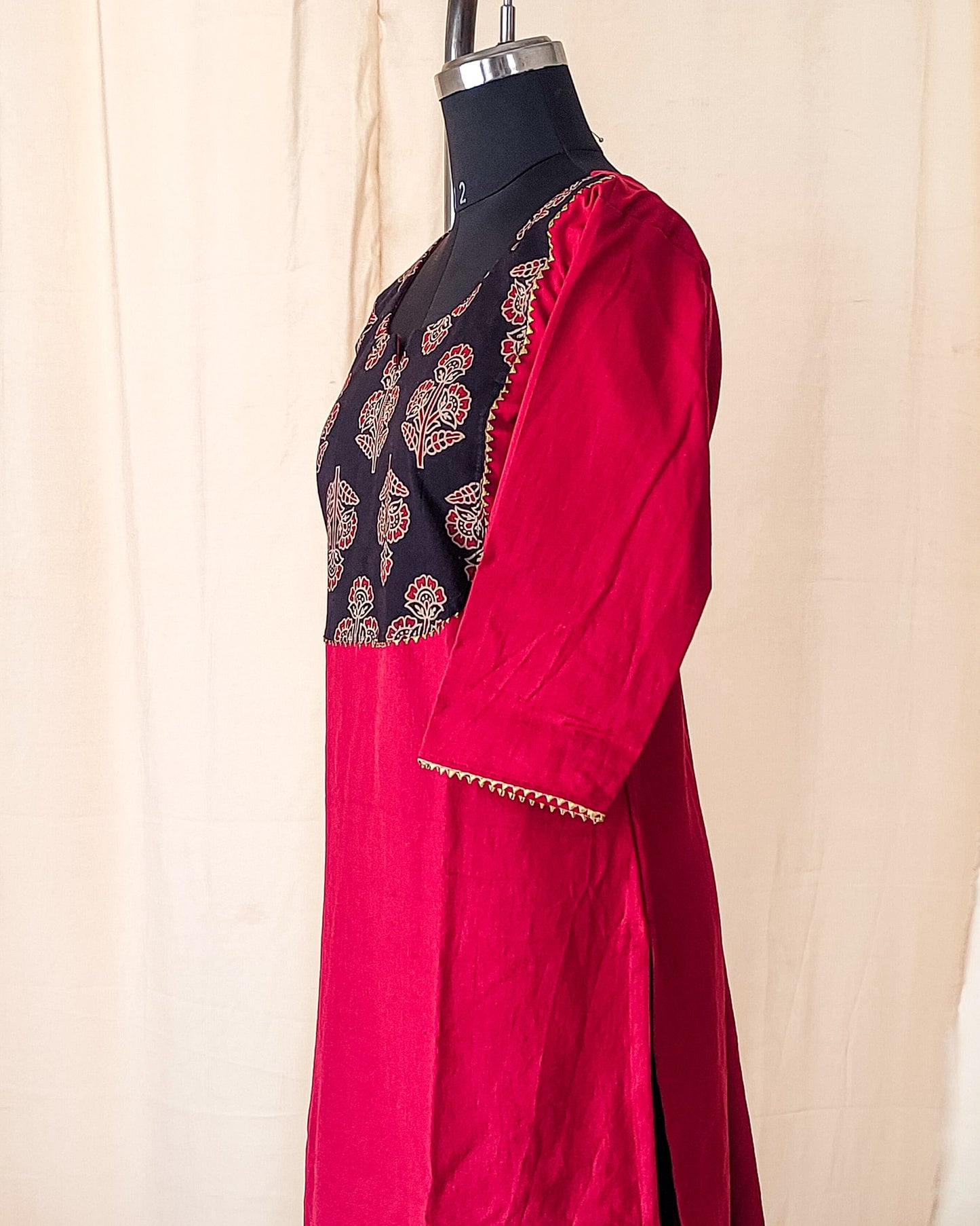 112 Maroon Kurta with Black Yoke Patch and Lace