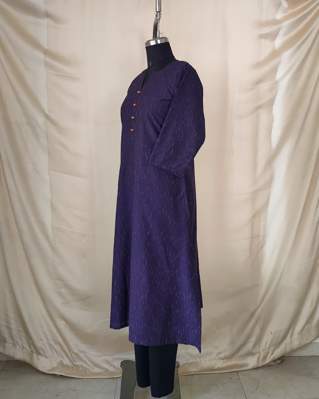 220 Purple handloom ikkat A-line kurta with buttons