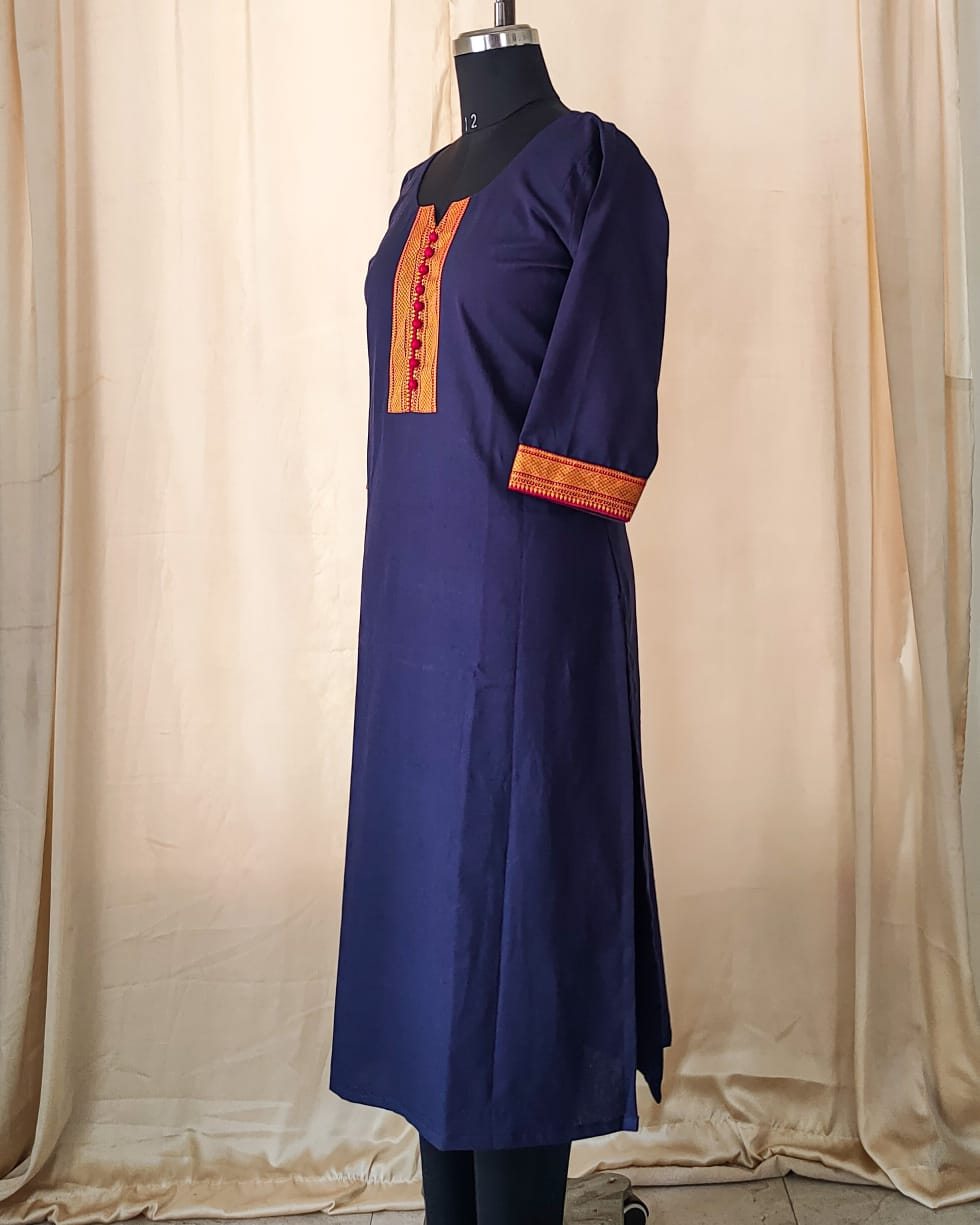 114 Navy Blue Kurta with Border and Red Potlis
