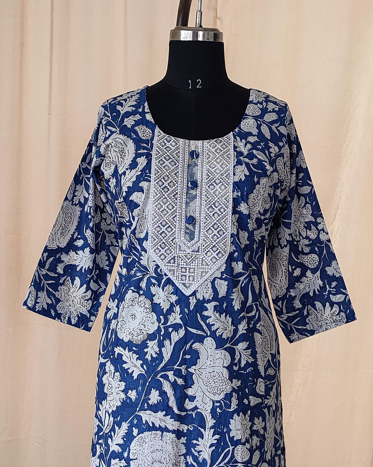145 Blue Printed A-line Kurta with Lace Patch
