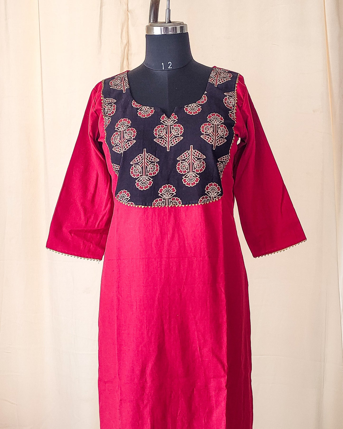 112 Maroon Kurta with Black Yoke Patch and Lace