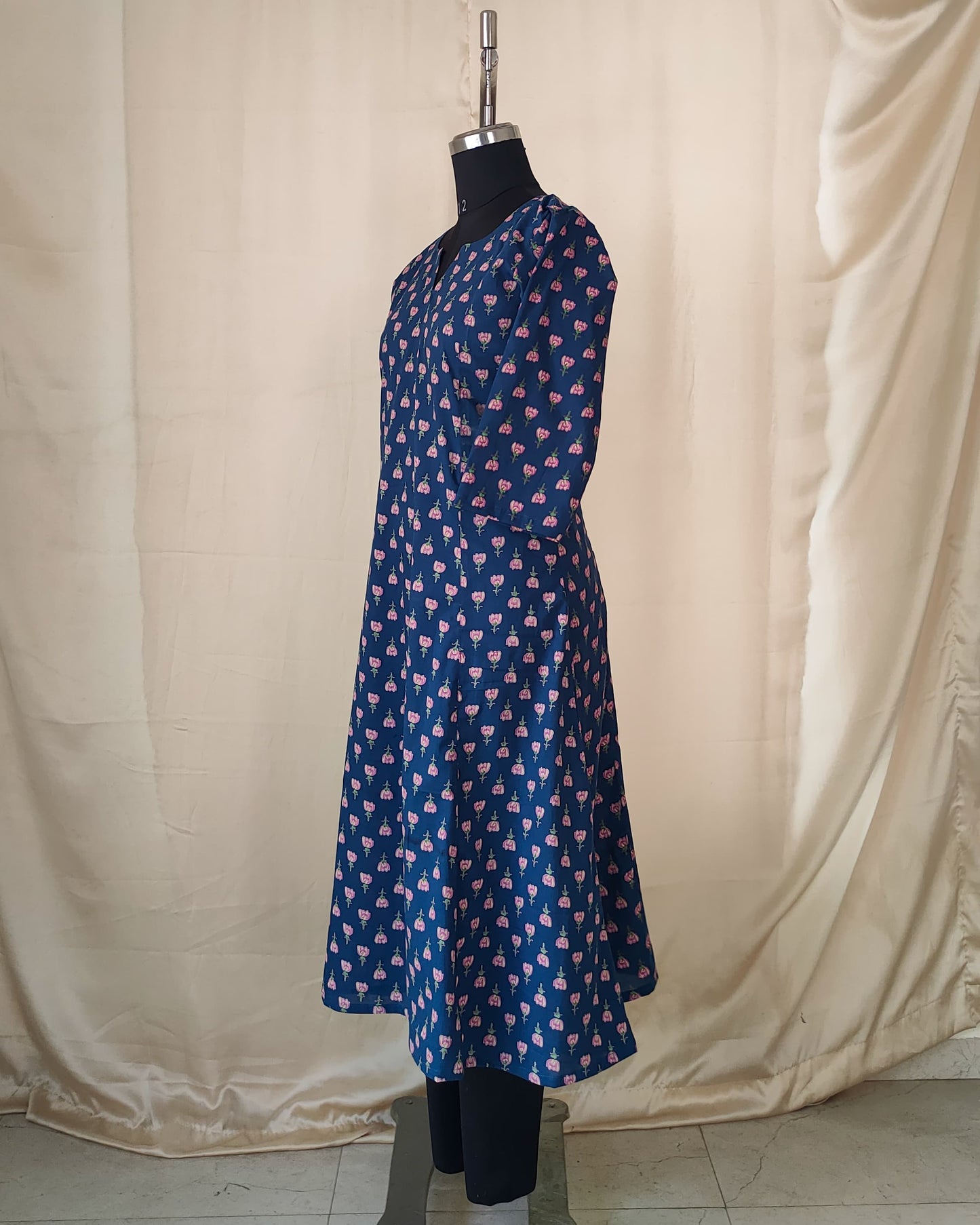 219 Blue and Pink Printed flare cotton kurta