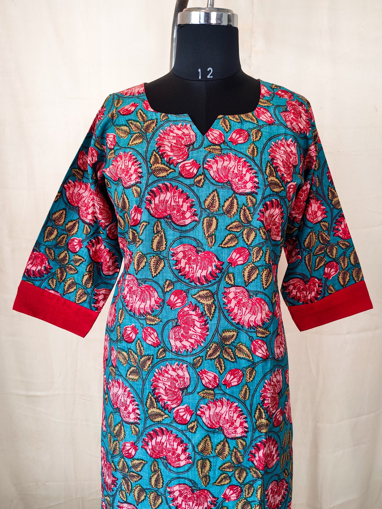 108 Green and Red Printed Cotton Kurta