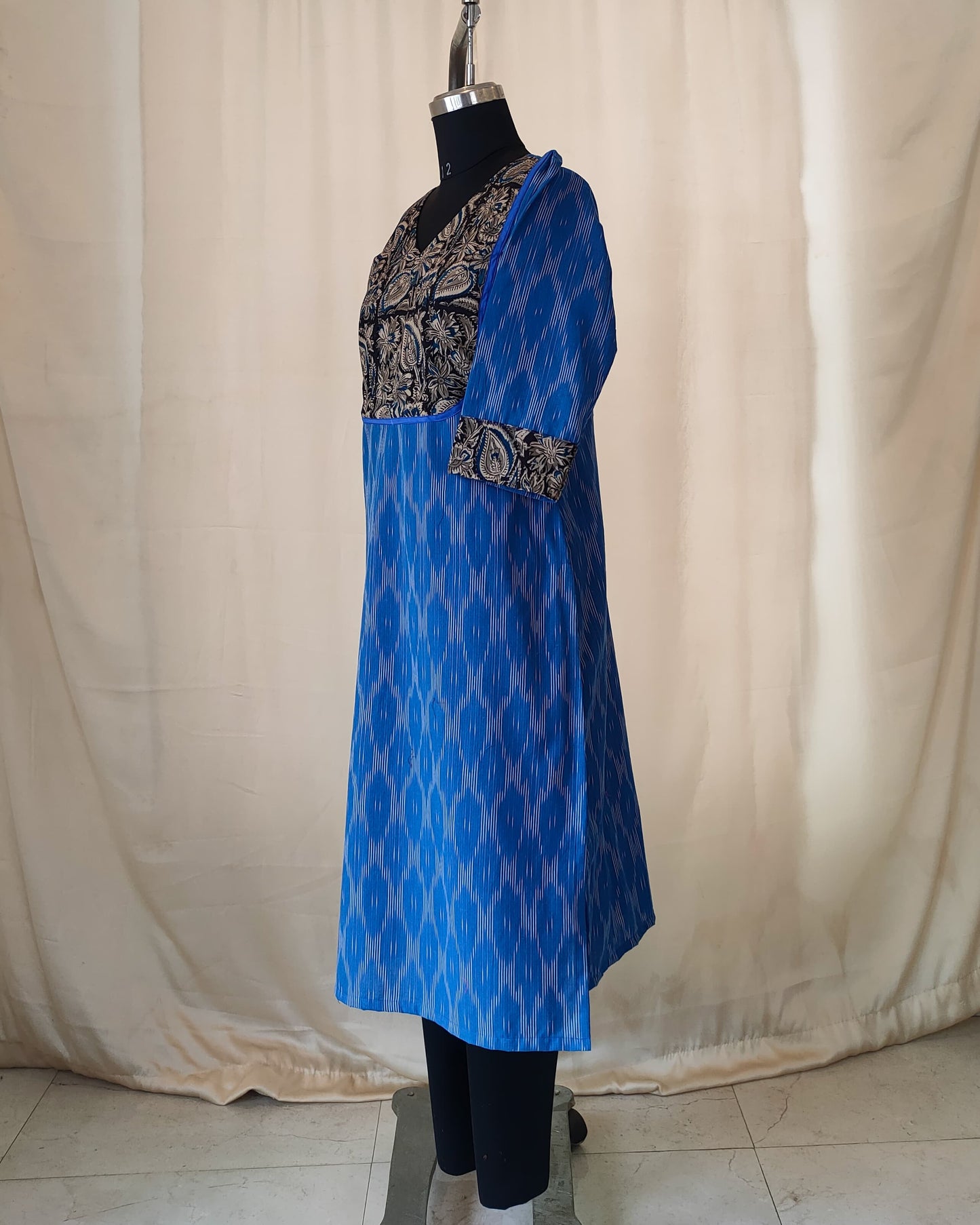 197 Blue ikkat kurta with kalamkari yoke patch