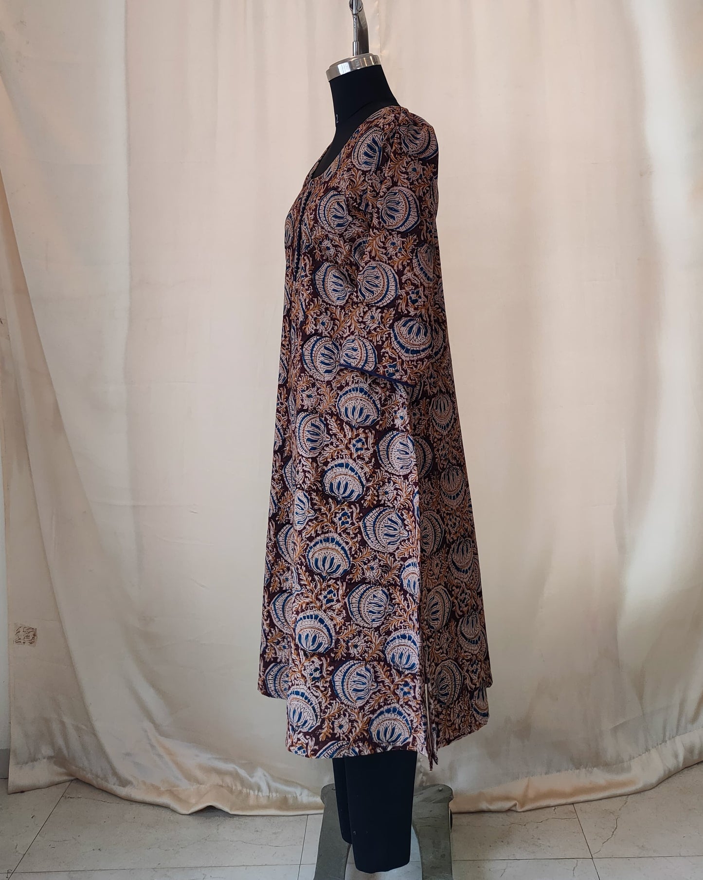 196 Maroon kalamkari A-line kurta with blue potlis