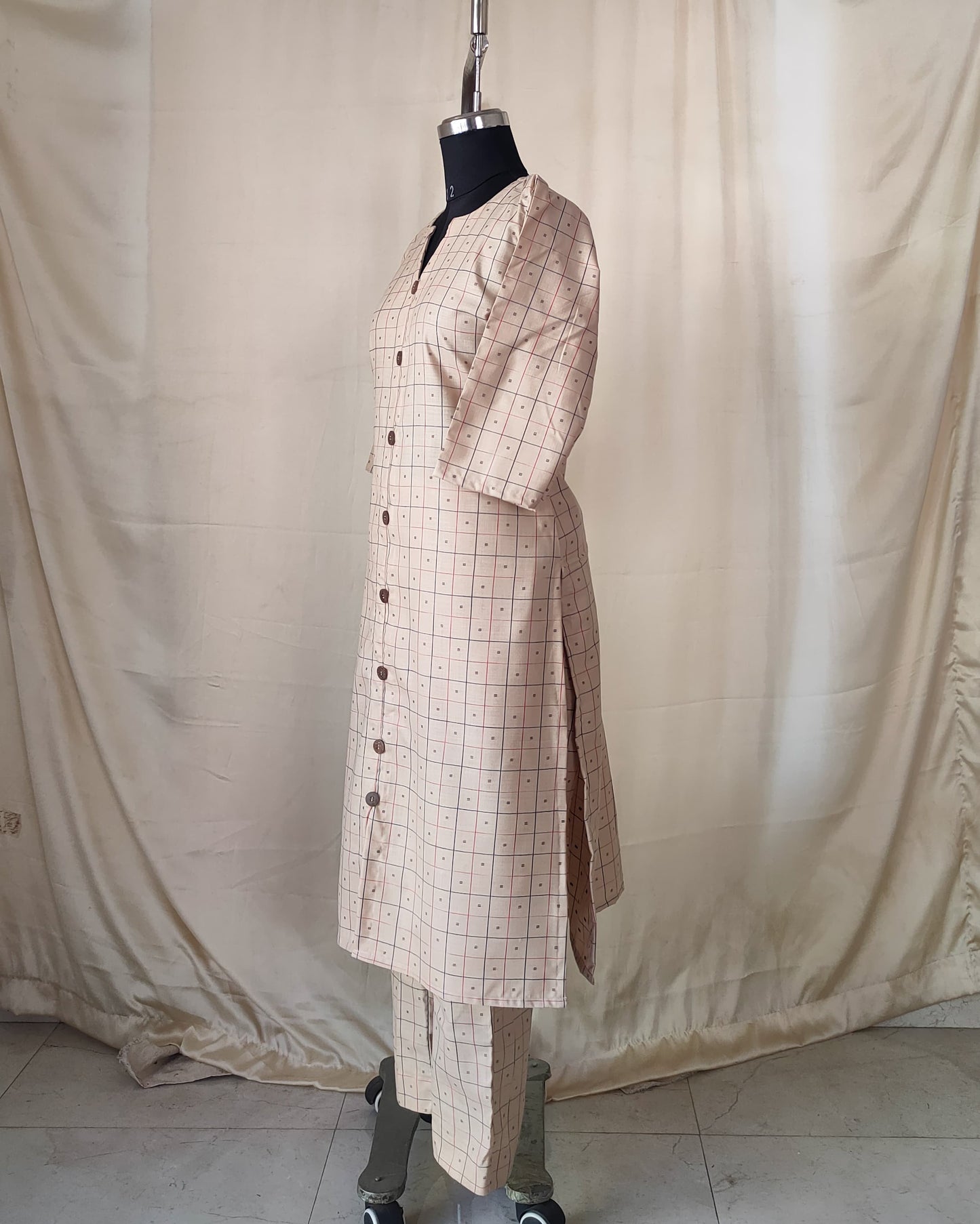 201 Cream checks co-ord set with buttons