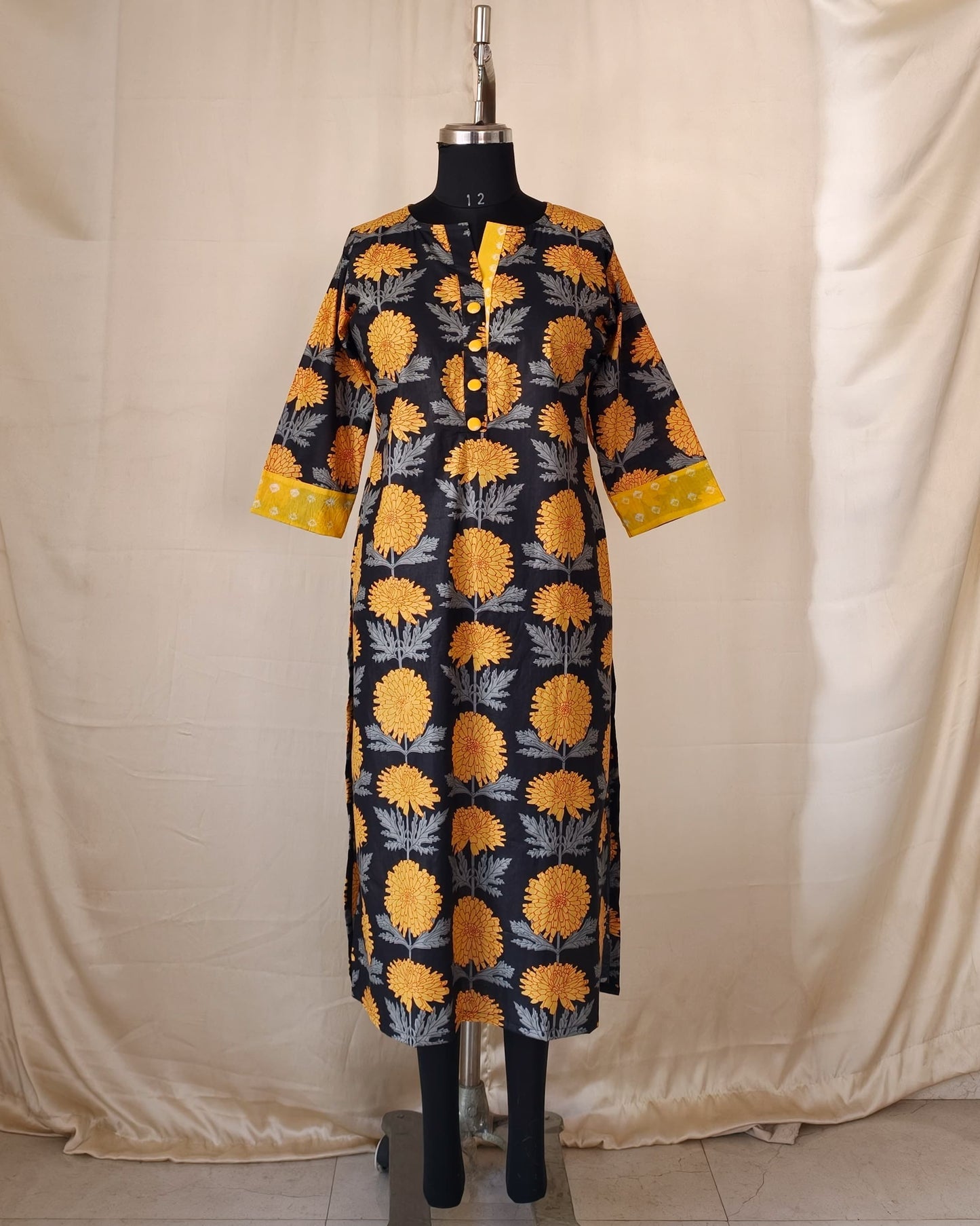 224 Black and yellow printed straight cut kurta