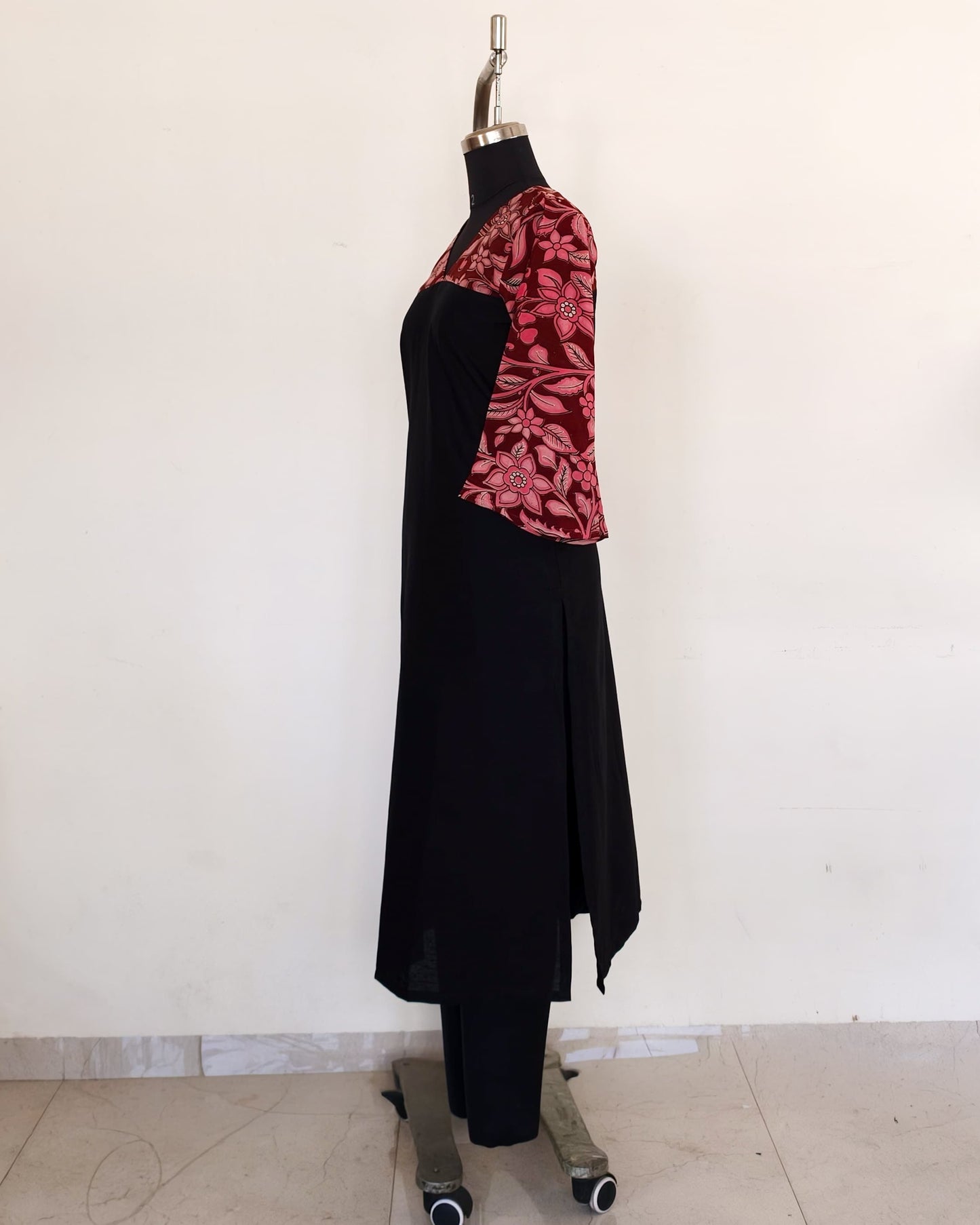 271 Black with Red and pink fancy silk kalamkari bell sleeves