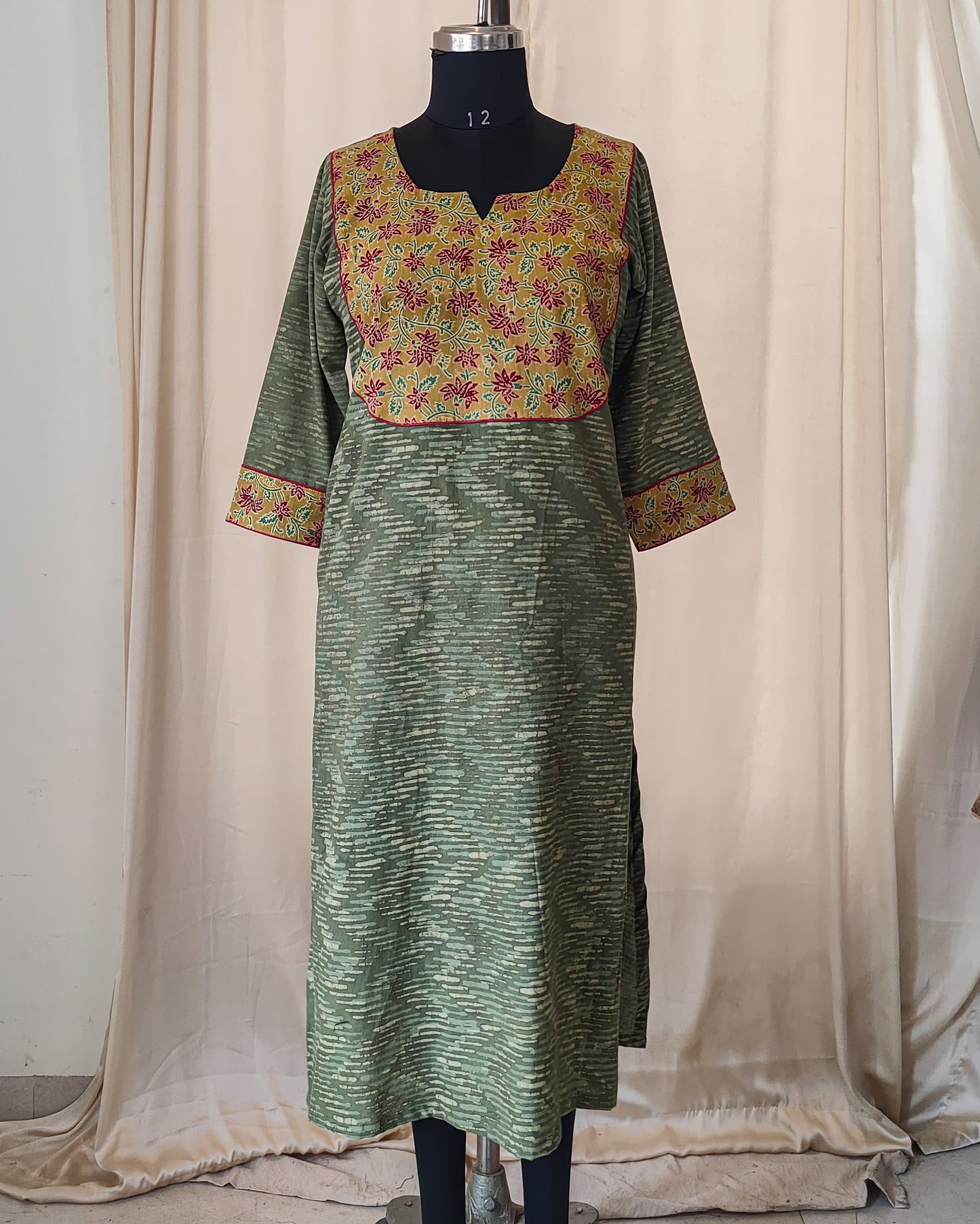 174 An Olive Green Kurta with Ajrakh Yoke Patch