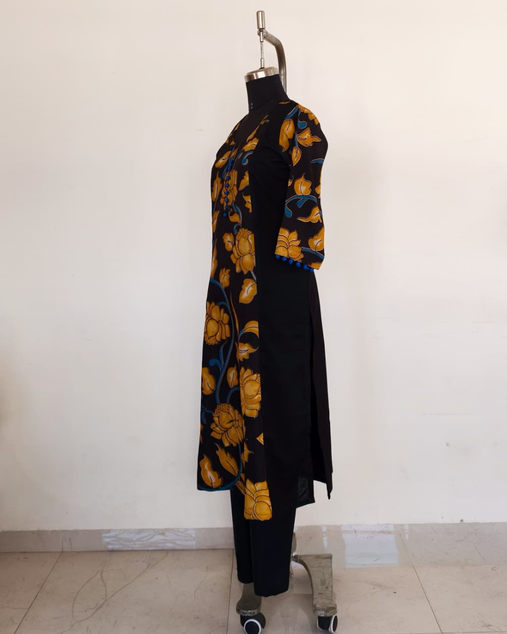 266 Black with fancy silk kalamkari panel and blue potlis