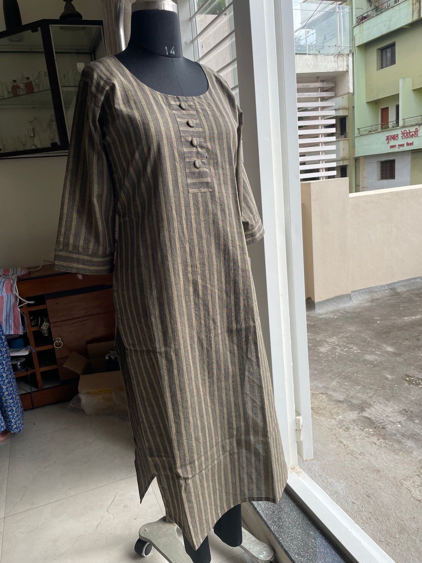 117 Brown Stripes Cotton Kurta with Buttons