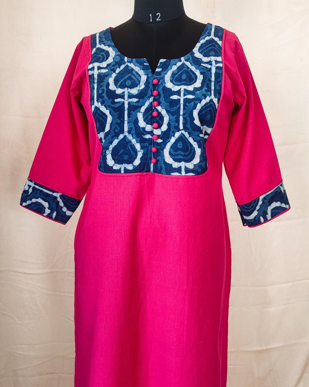 82 Pink Kurta with Indigo Yoke Patch and Potlis