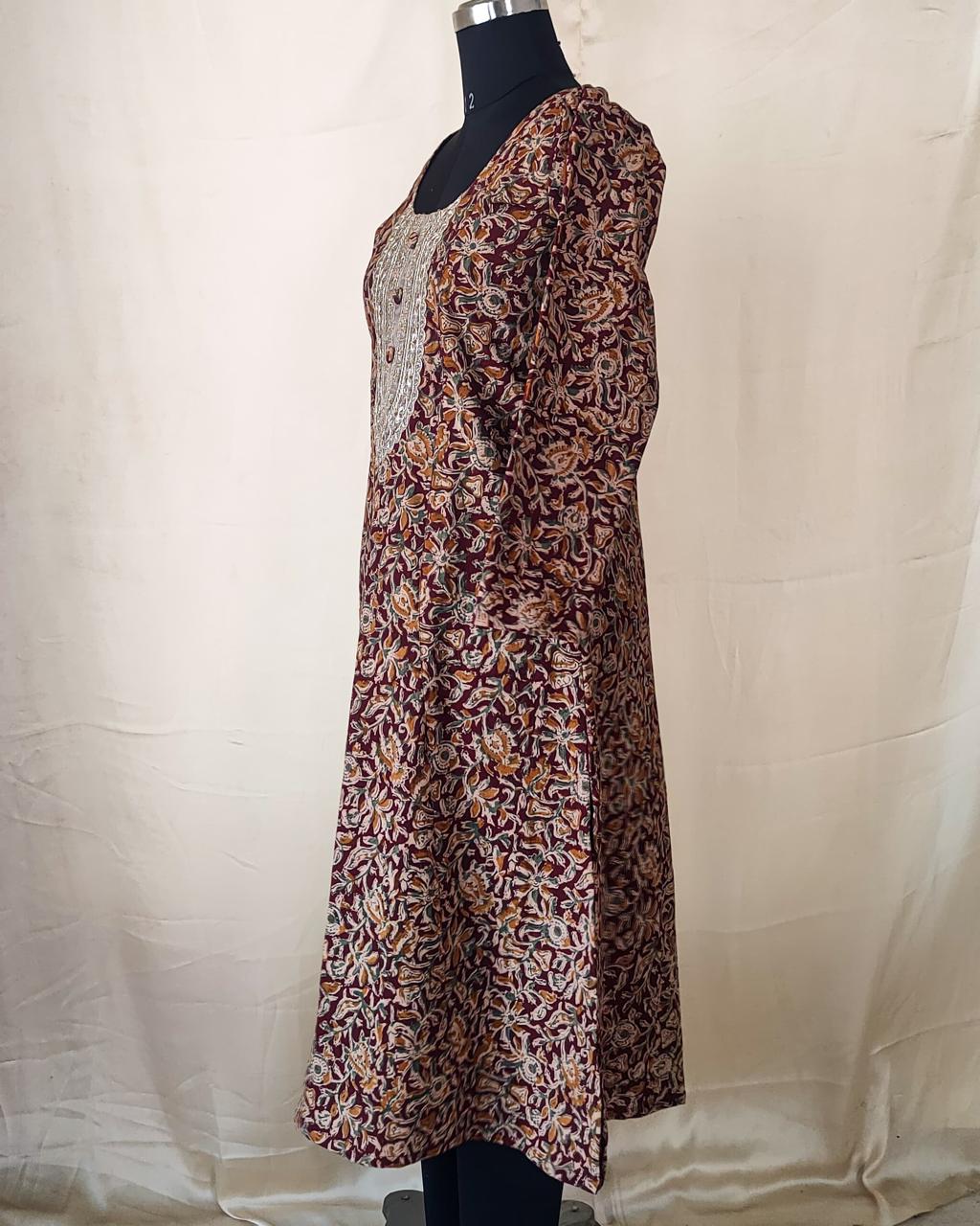 86 Maroon A-Line Kalamkari Kurta with Golden Patch