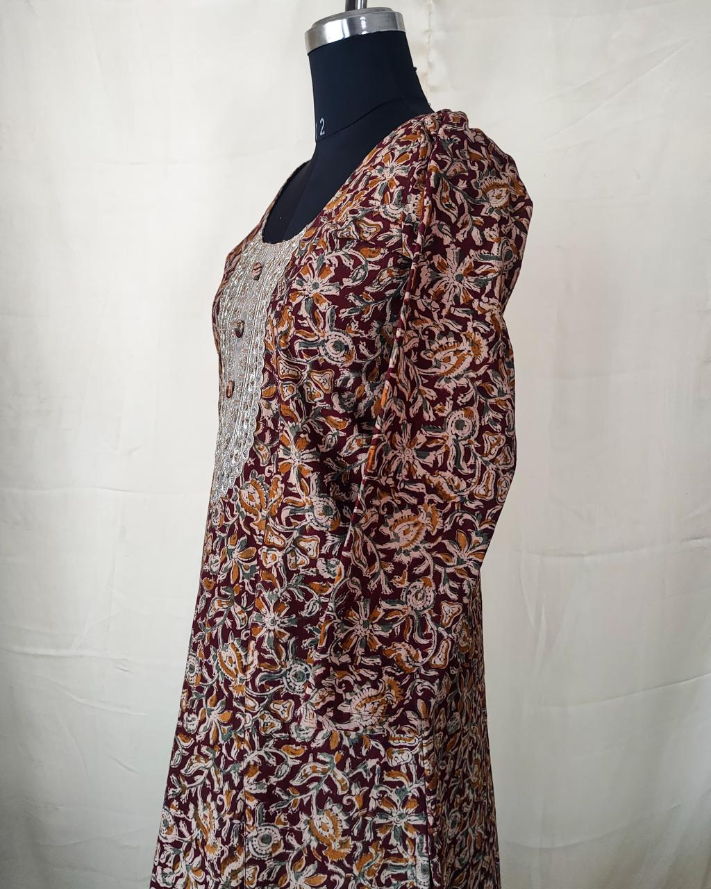 86 Maroon A-Line Kalamkari Kurta with Golden Patch