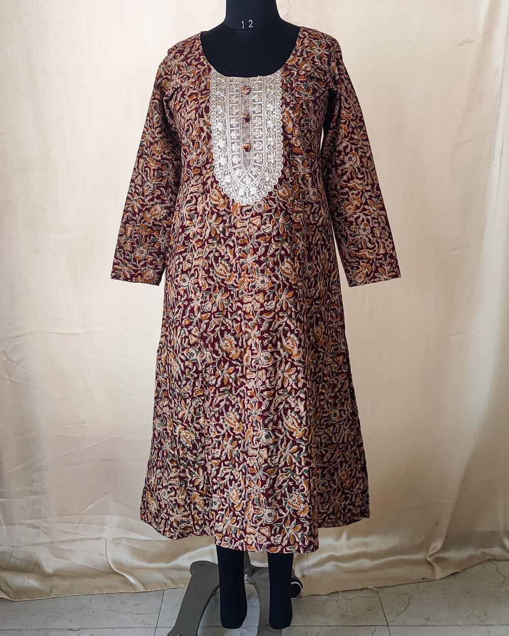 86 Maroon A-Line Kalamkari Kurta with Golden Patch