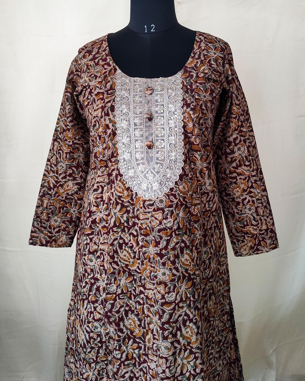86 Maroon A-Line Kalamkari Kurta with Golden Patch