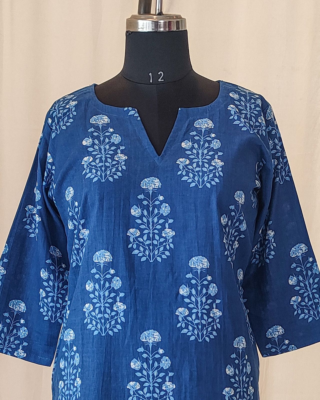 144 Blue Printed Cotton Kurta with Apple Cut