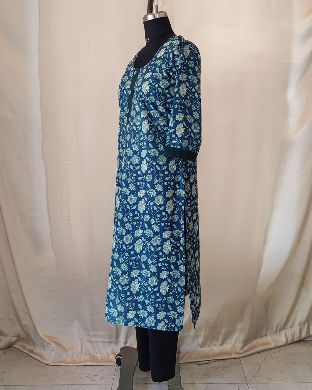 185 Blue Printed Straight Cut Cotton Kurta