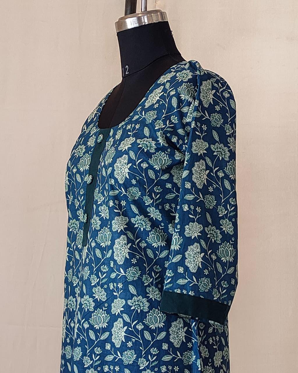 185 Blue Printed Straight Cut Cotton Kurta