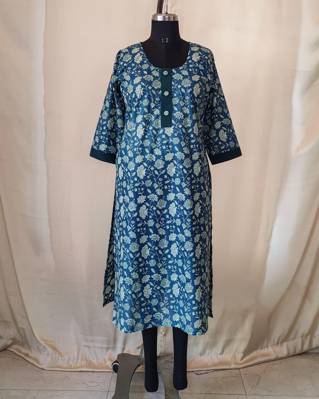 185 Blue Printed Straight Cut Cotton Kurta