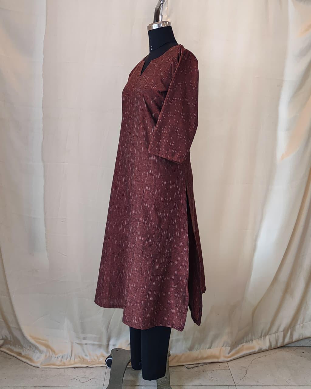 186 Brown Ikkat Handloom A-line Cotton Kurta.