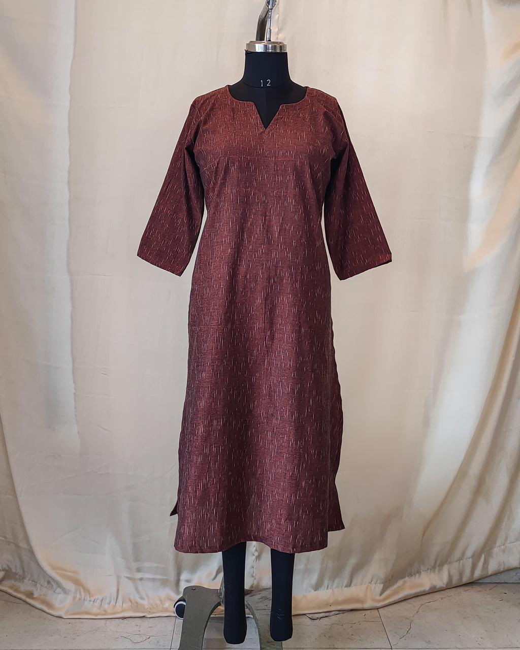 186 Brown Ikkat Handloom A-line Cotton Kurta.