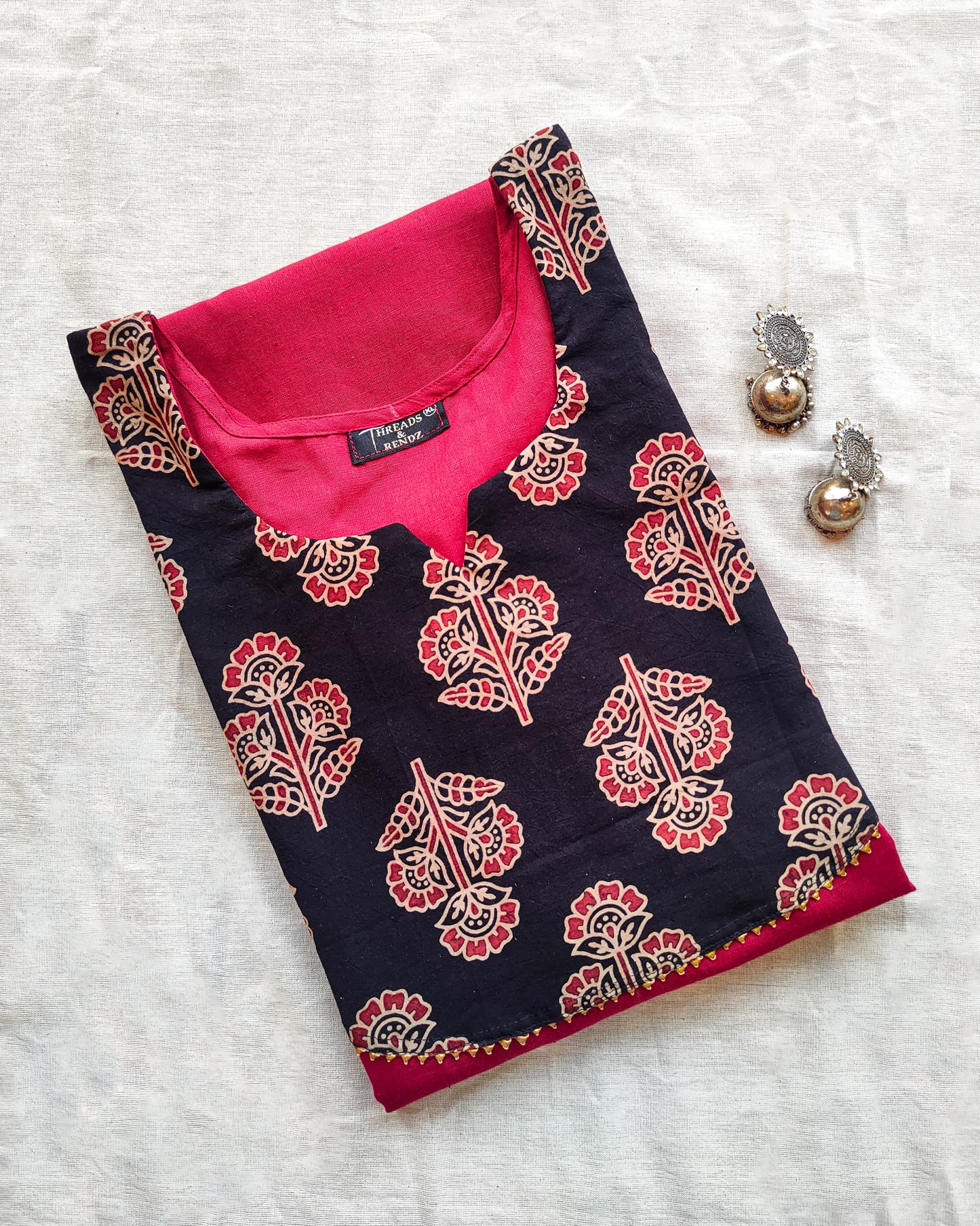 112 Maroon Kurta with Black Yoke Patch and Lace