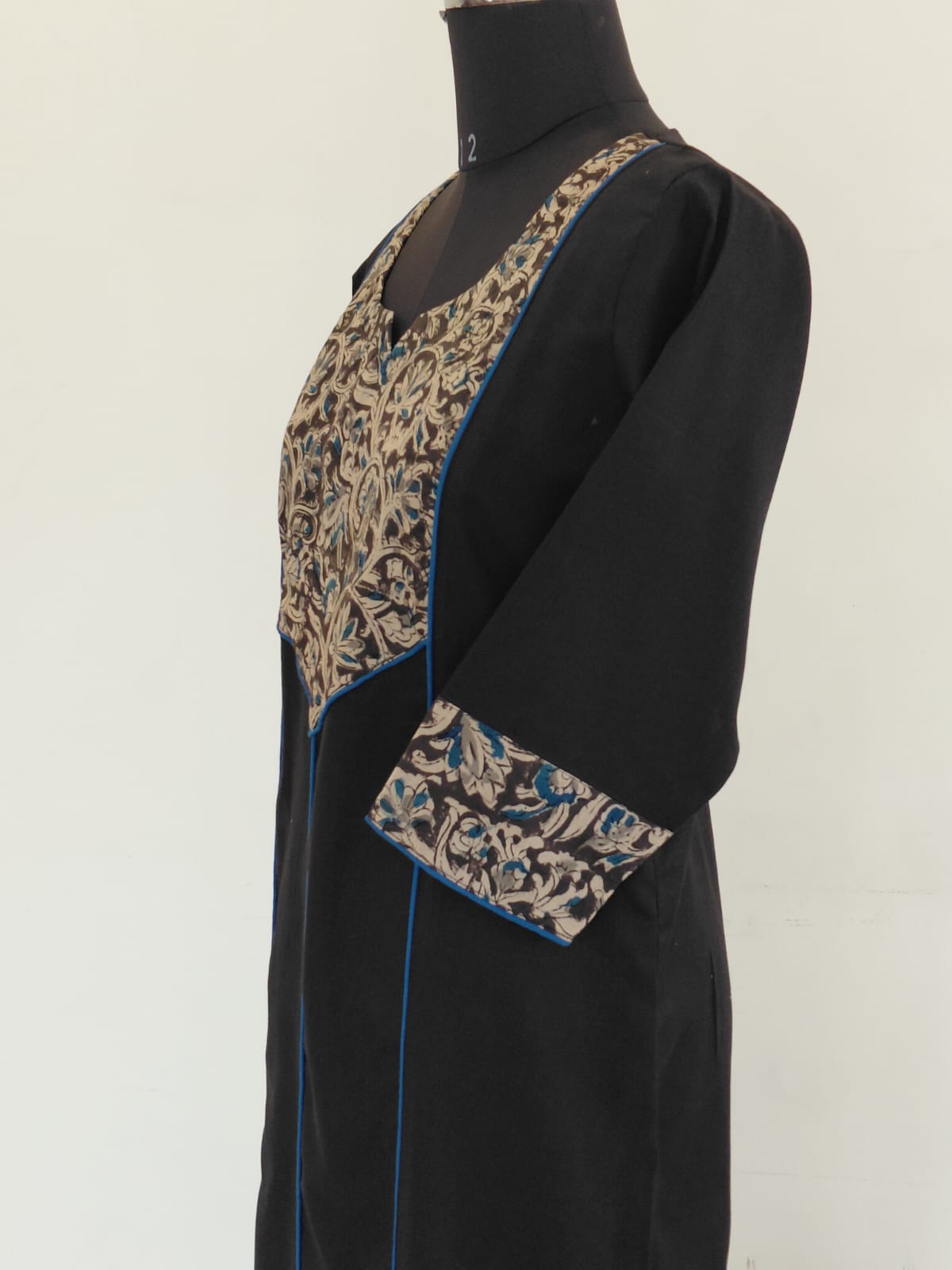 294 Black with kalamkari panel with blue piping