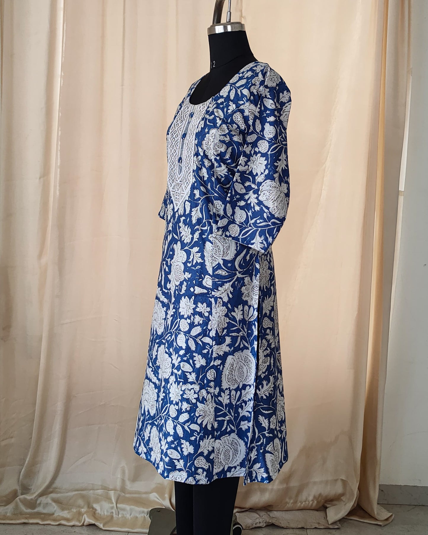 145 Blue Printed A-line Kurta with Lace Patch