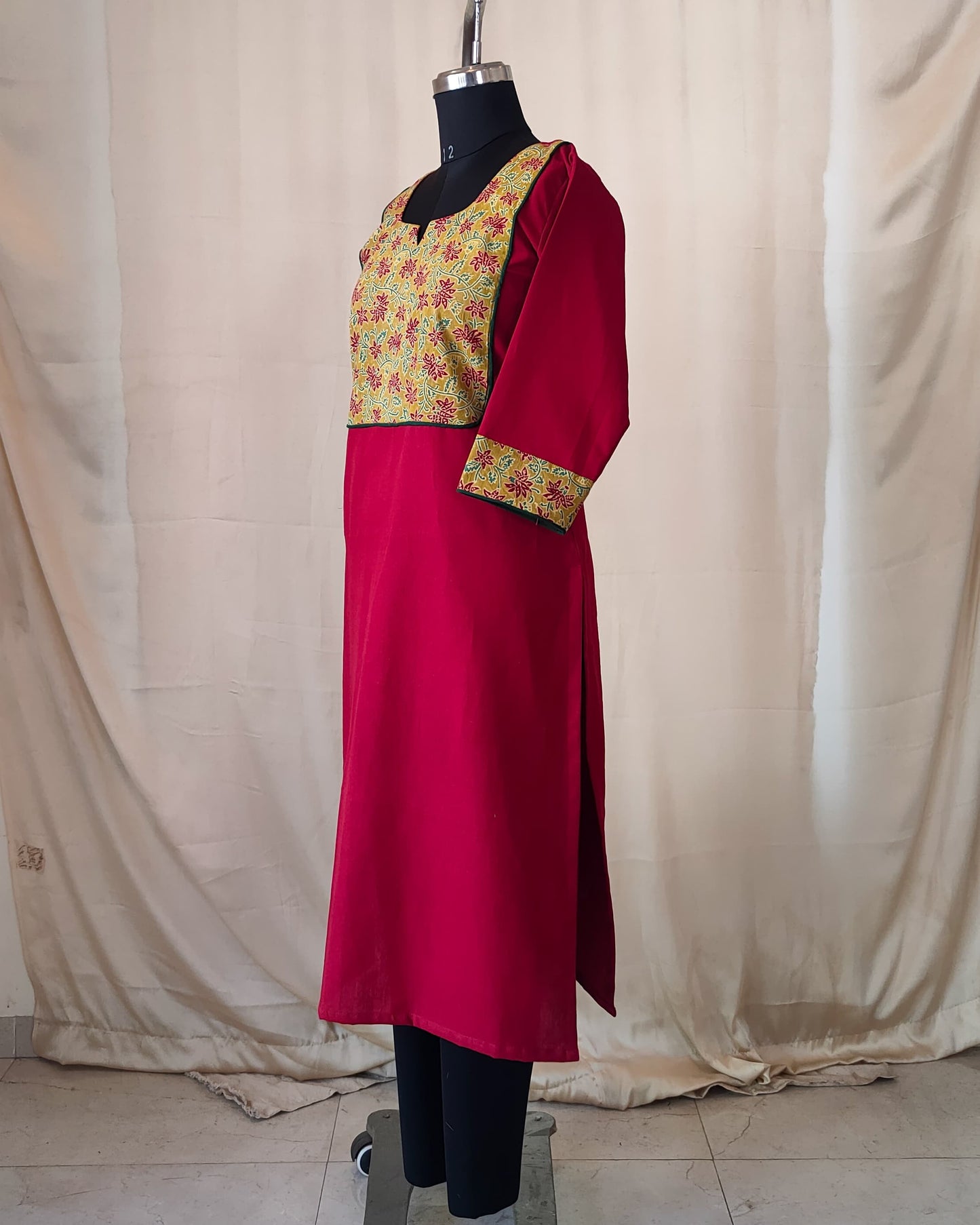 212 Red kurta with ajrakh yoke patch