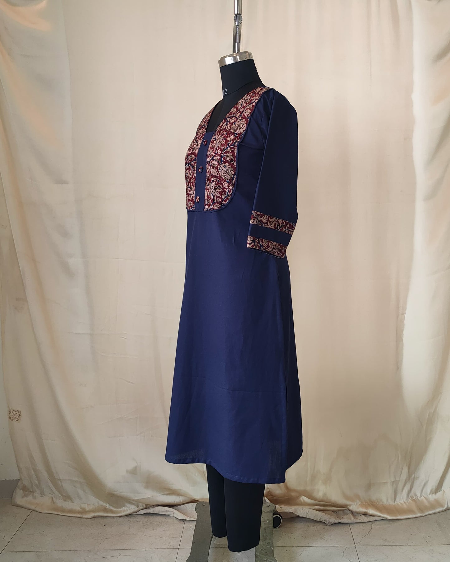 188 Navy blue kurta with kalamkari patch and buttons