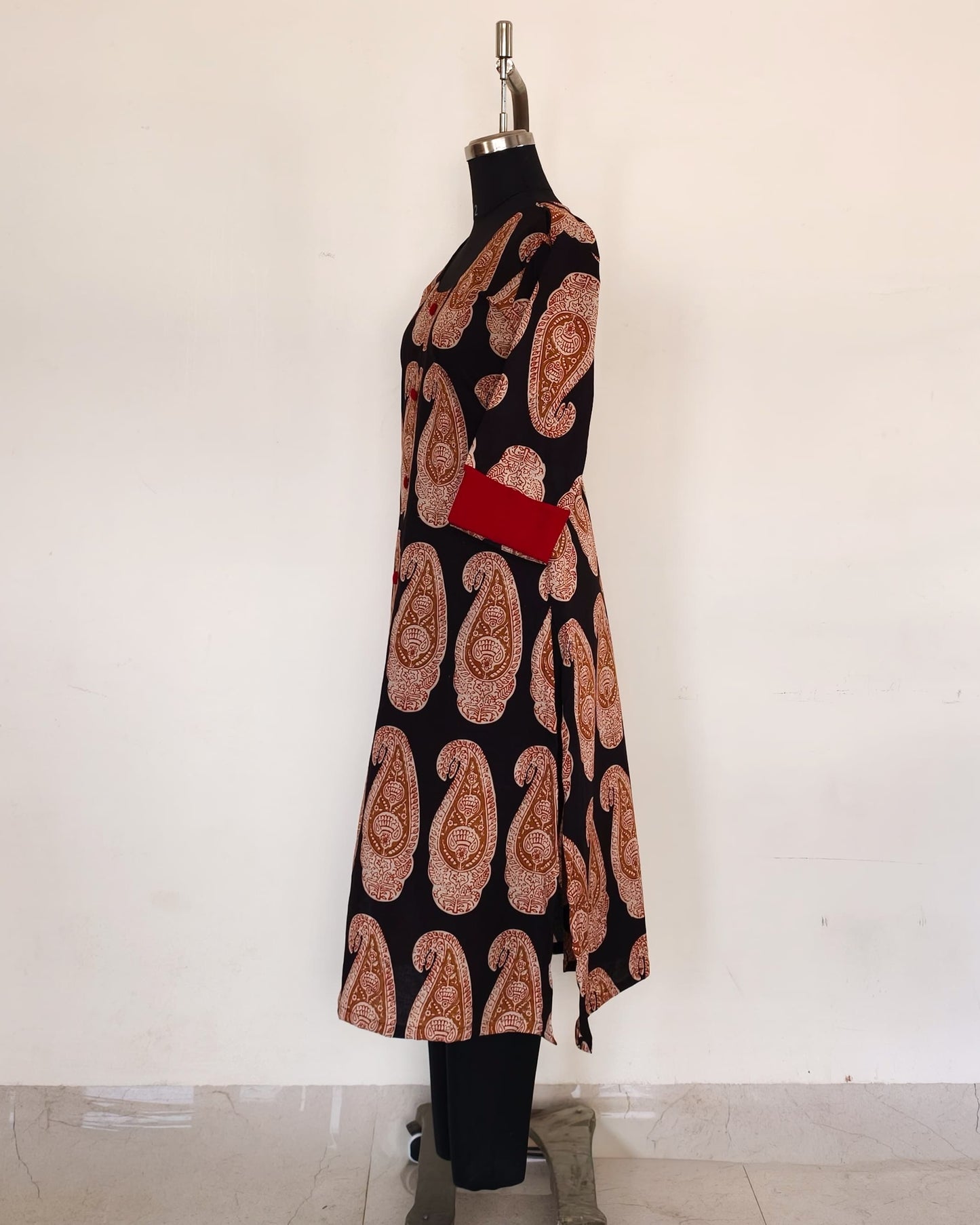 234 Black Bagru print kurta with Red buttons