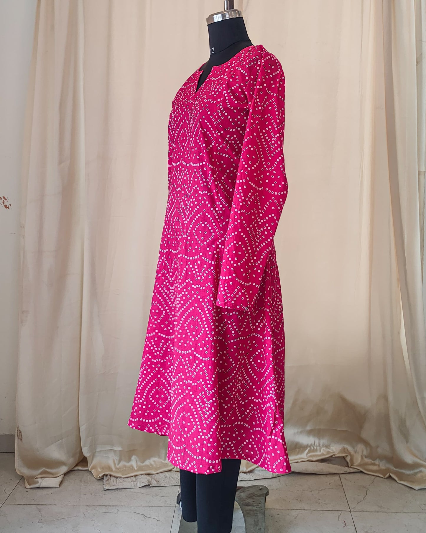 155 Pink bandhani print fit n flare kurta with chudi sleeves