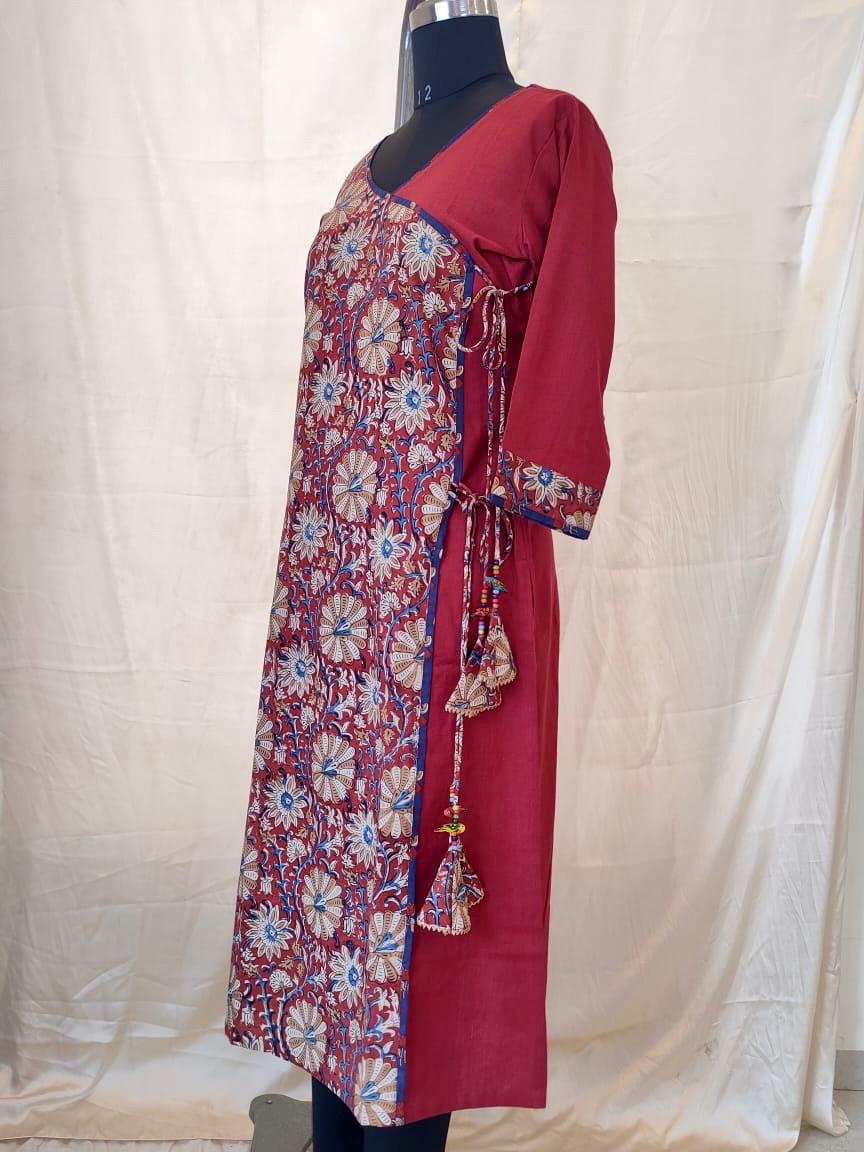 46 Marron Kurti With Kalamkari Overlap Pattern With Tassels