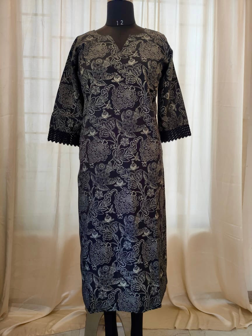 52 Black Printed Kurti With Lace Detailing On Sleeves