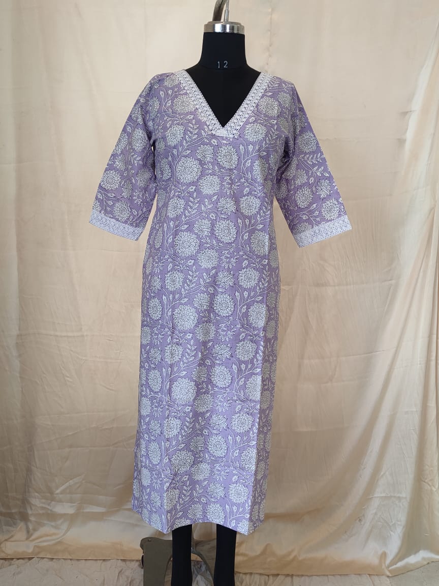 48 Lavender Colour Printed Kurta With Lace Detailing