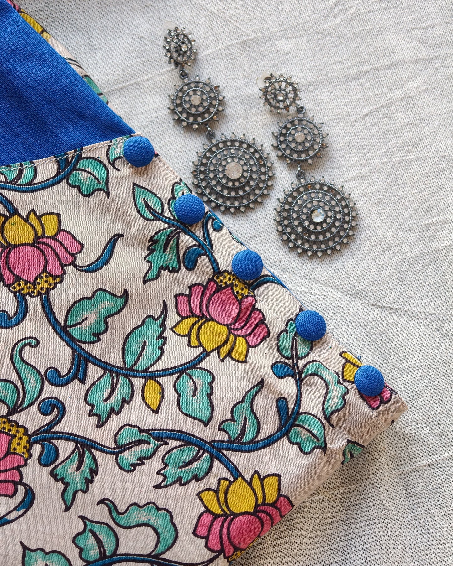 270 Blue with cream fancy silk kalamkari overlap with buttons