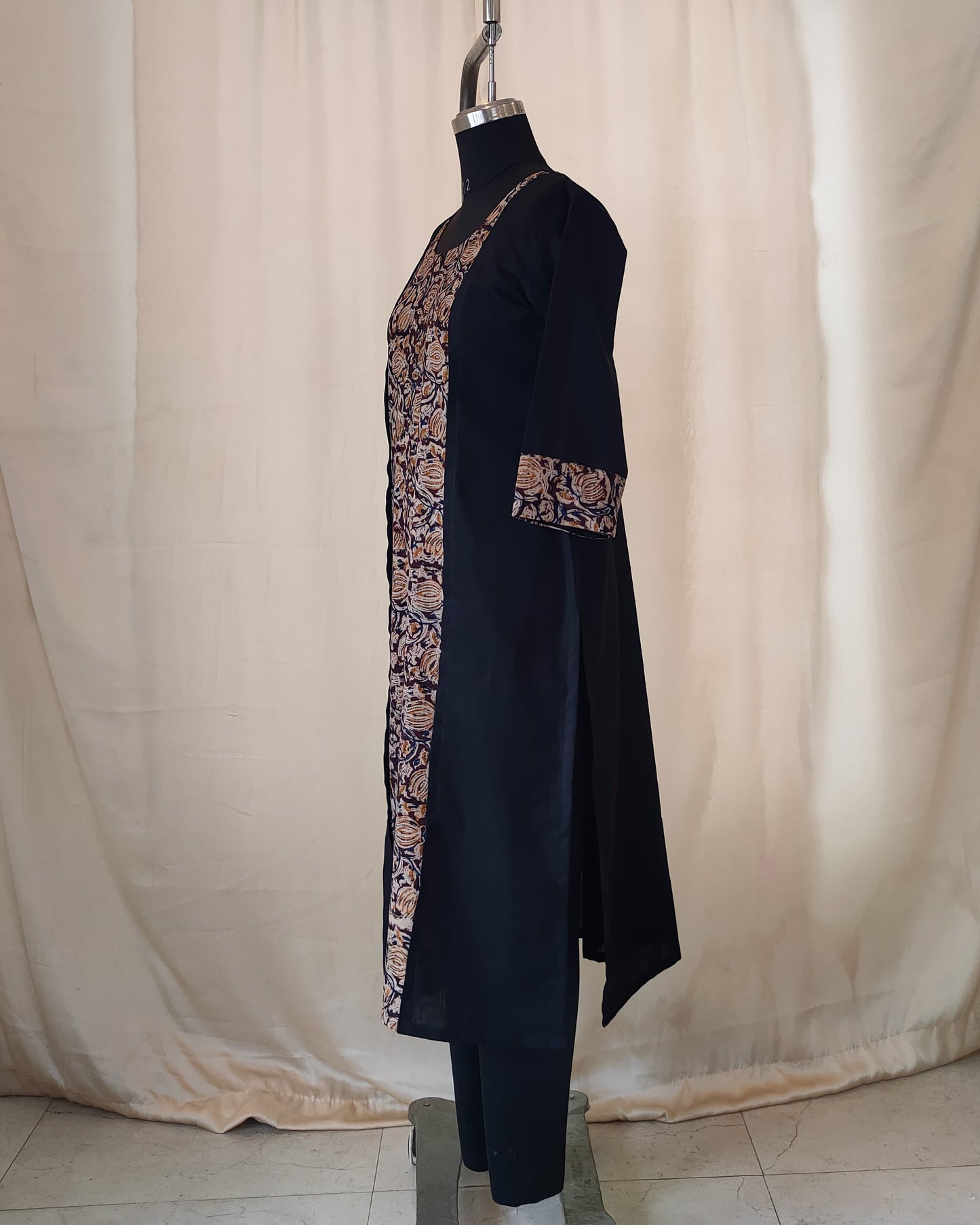 195 Black with kalamkari panel straight cut cotton kurta