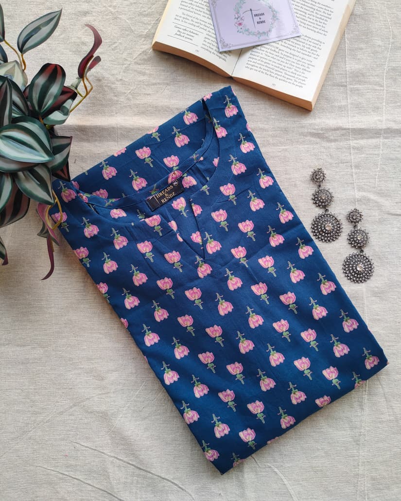 219	Blue and Pink Printed flare cotton kurta