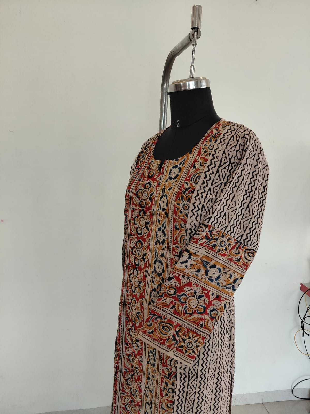 297 Cream stripes with floral panel kalamkari kurta with full sleeves