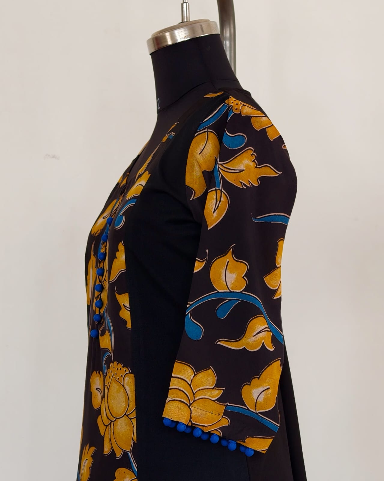 266 Black with fancy silk kalamkari panel and blue potlis