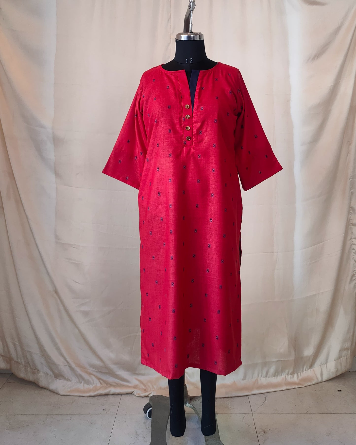 199 Red with Blue Butti Straight Cut Kurta