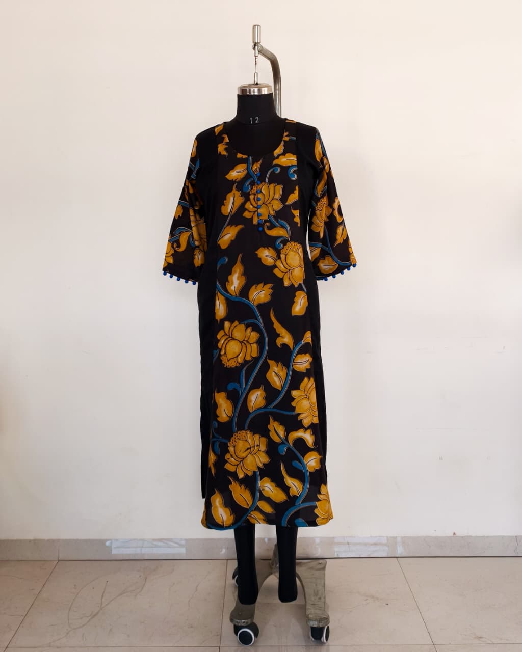 266 Black with fancy silk kalamkari panel and blue potlis