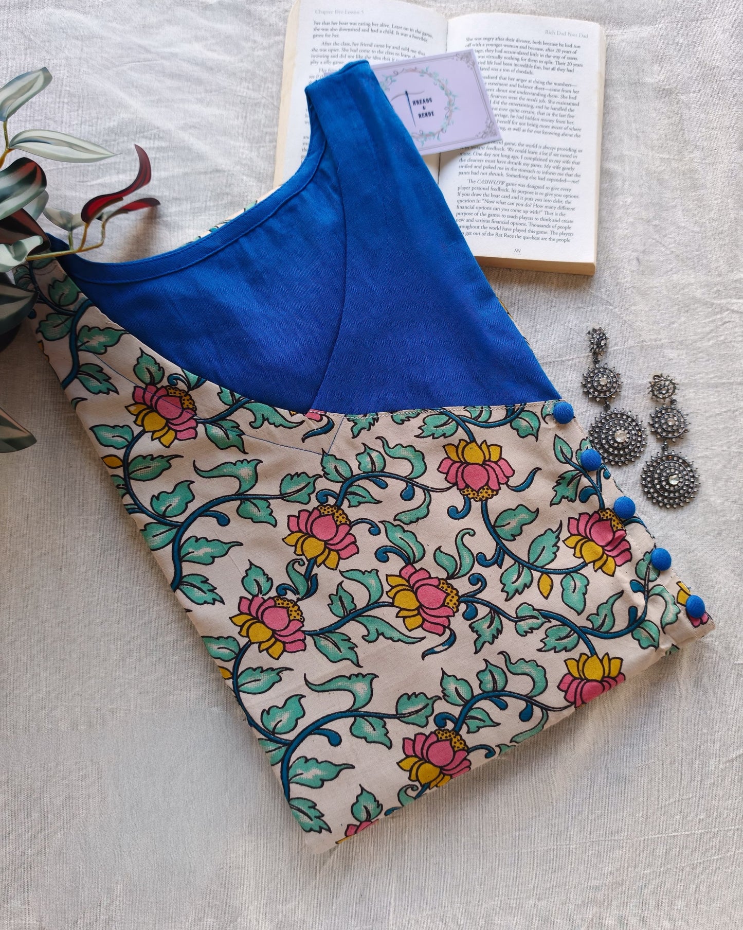 270 Blue with cream fancy silk kalamkari overlap with buttons