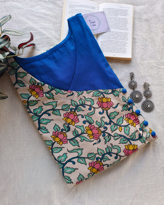 270 Blue with cream fancy silk kalamkari overlap with buttons