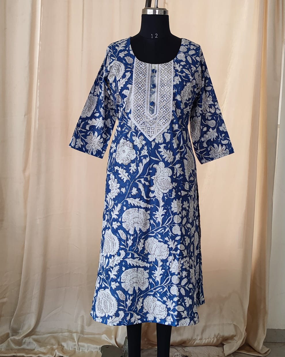 145 Blue Printed A-line Kurta with Lace Patch