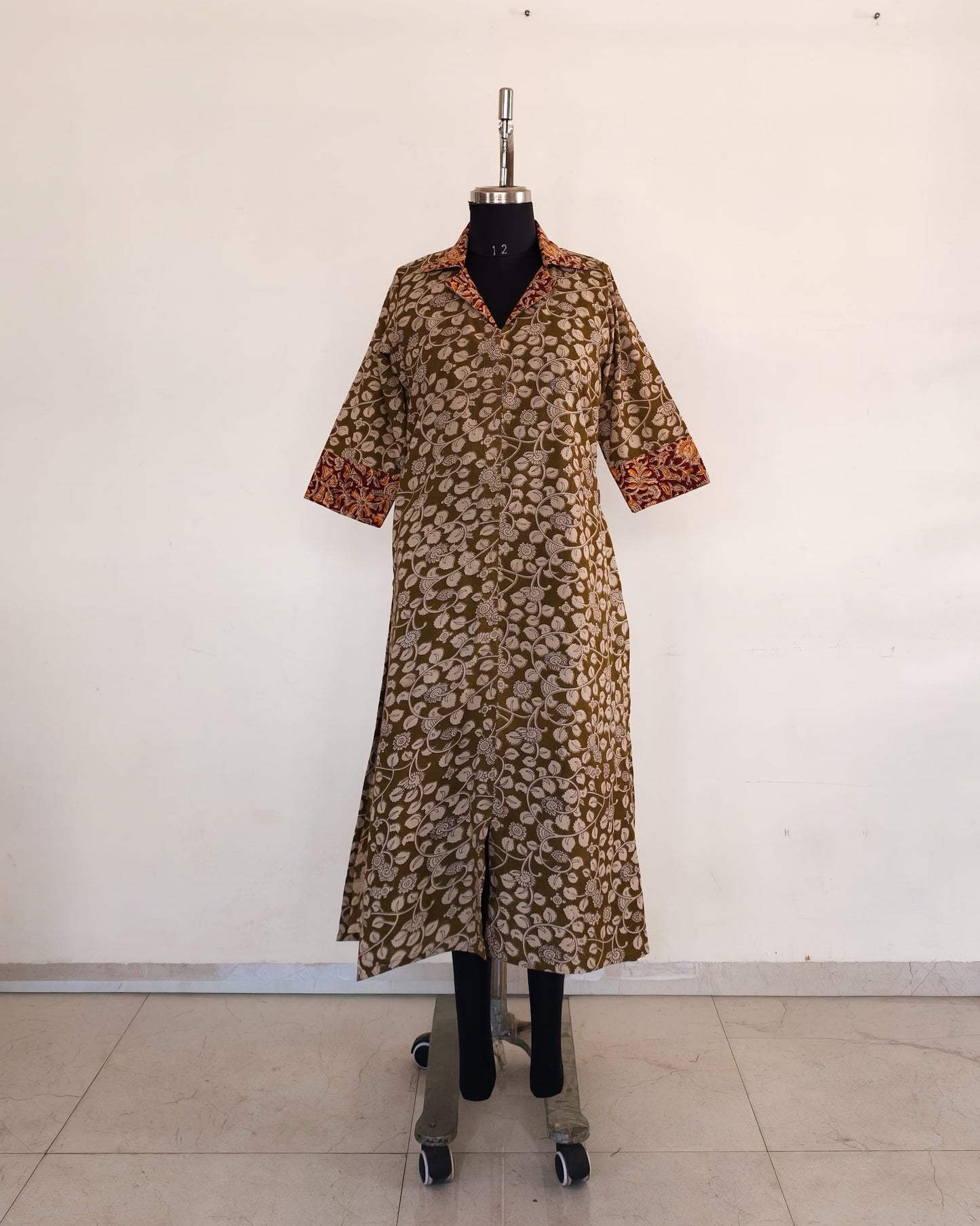 229 Olive Green Kalamkari Kurta with Collar
