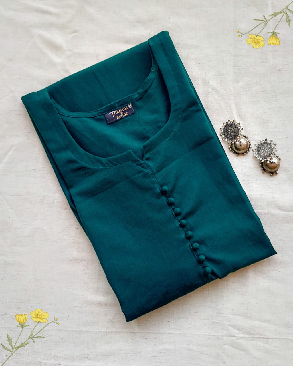 139 Plain Bottle green kurta with potlis