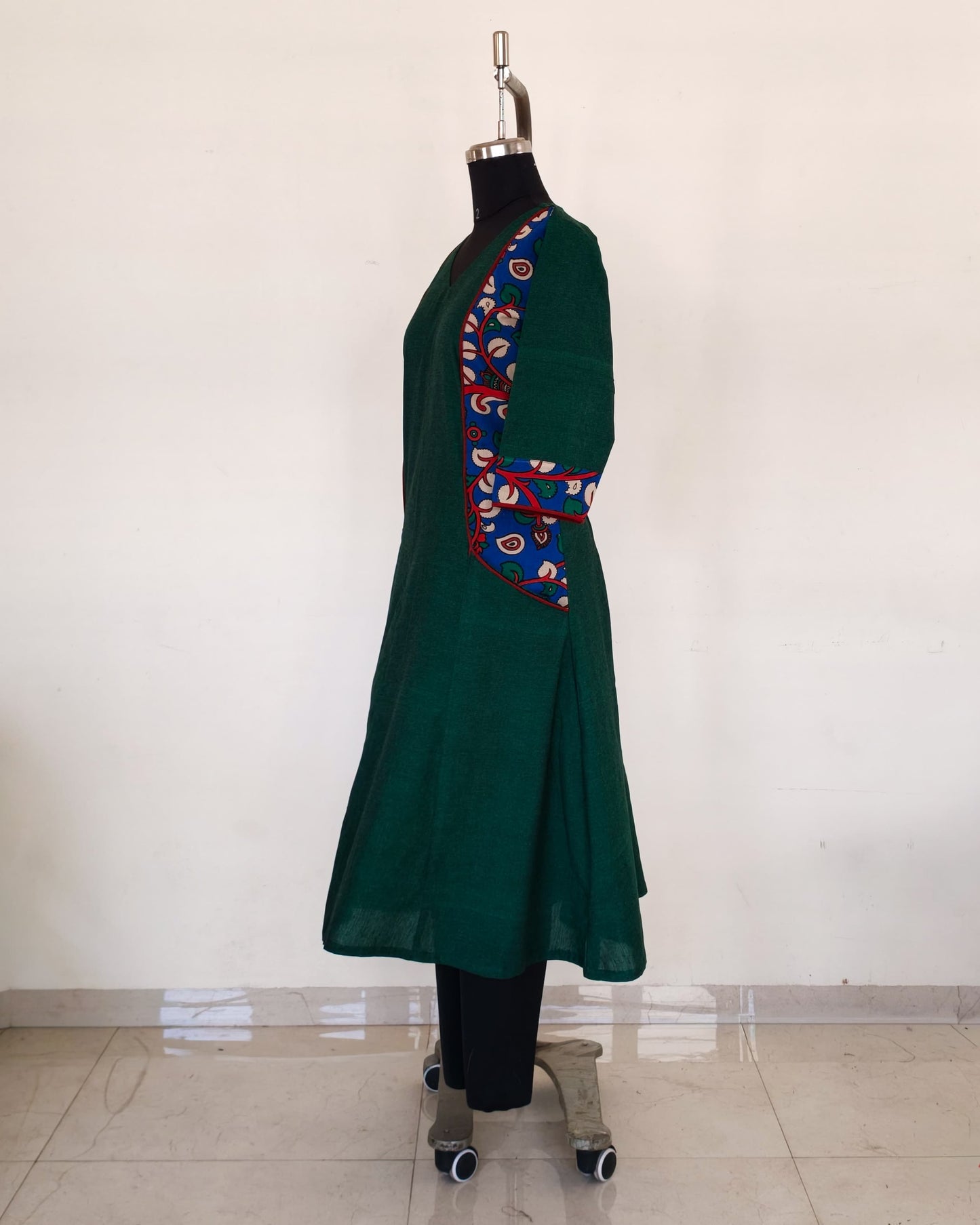 254 Bottle green A-Line with blue kalamkari panels